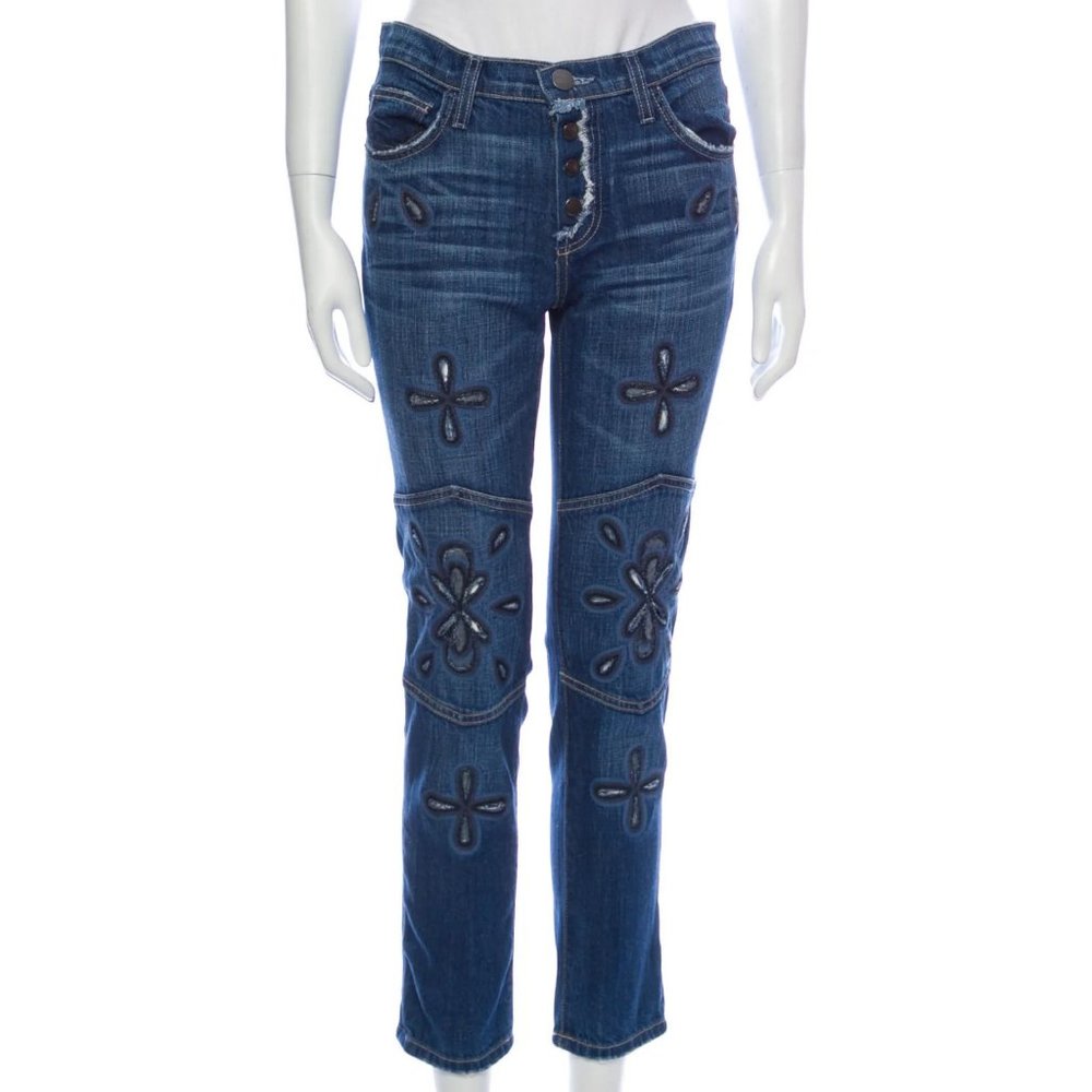 Current/Elliott The Fling Jeans with Embroidery Cutout, Size 24